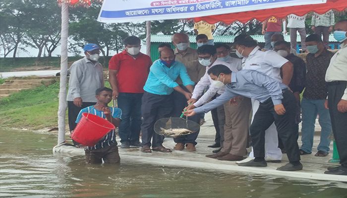 কাপ্তাই হ্রদে মাছের পোনা অবমুক্ত
