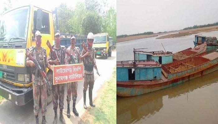 তাহিরপুর উপজেলা সীমান্তে  বালু-পাথর বোঝাই ট্রলার জব্দ