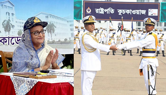 ছবিতে নতুন কমিশনপ্রাপ্ত নৌ অফিসারদের কুচকাওয়াজ অনুষ্ঠান