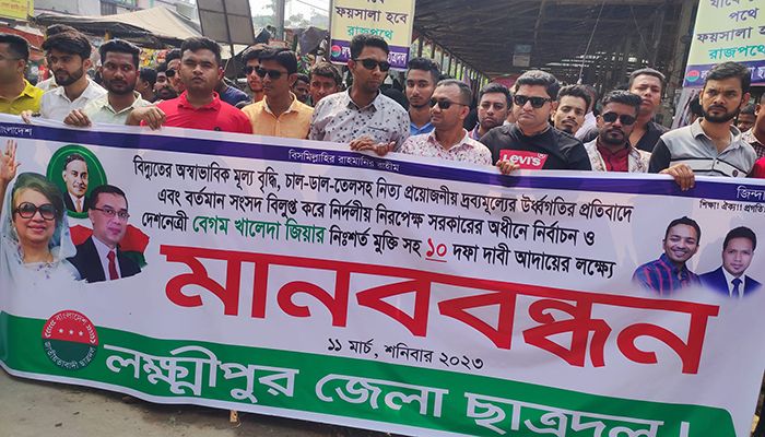 লক্ষ্মীপুরে বিএনপির মানববন্ধন। ছবি: লক্ষ্মীপুর প্রতিনিধি 
