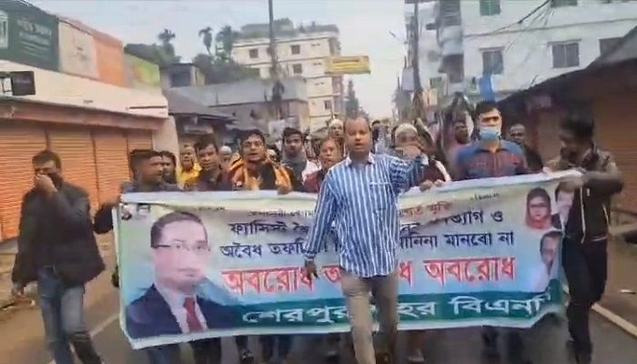 শেরপুরে অবরোধের সমর্থনে বিএনপির মিছিল