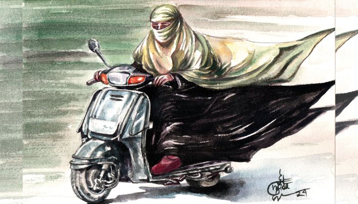 বোরখার প্রান্ত উড়ে যায়