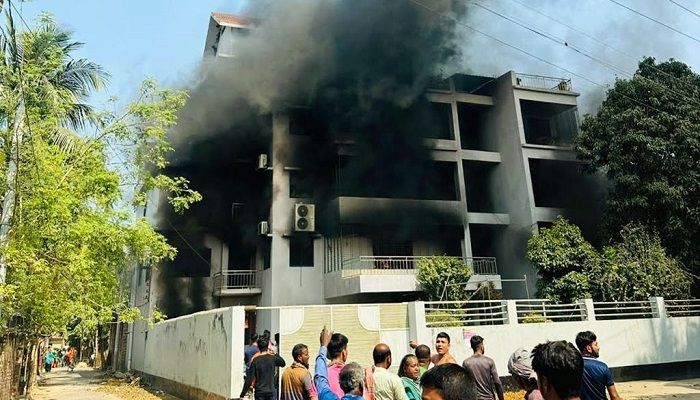 ﻿শাহরিয়ার আলমের বাড়িতে আগুন দেয় একদল মানুষ। ছবি: পুঠিয়া প্রতিনিধি